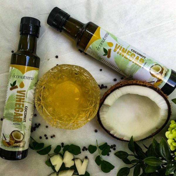 Bottle of Coconut Vinegar made from coconut water, offering a mild taste and numerous health benefits.