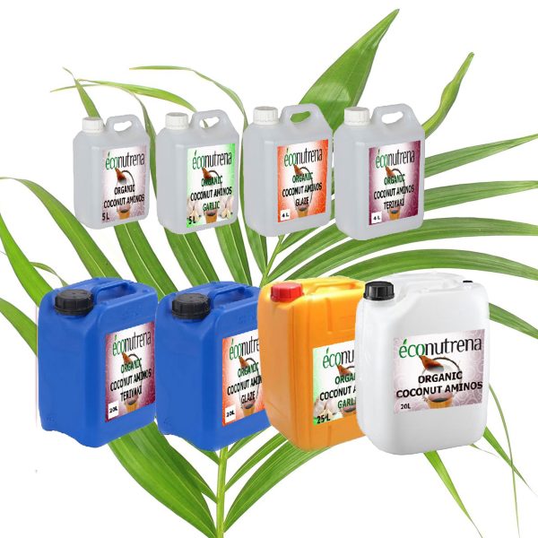 Bulk Coconut Aminos by Econutrena - Premium Organic Coconut Aminos for cooking and seasoning, offering a savory, soy sauce alternative in large packaging.