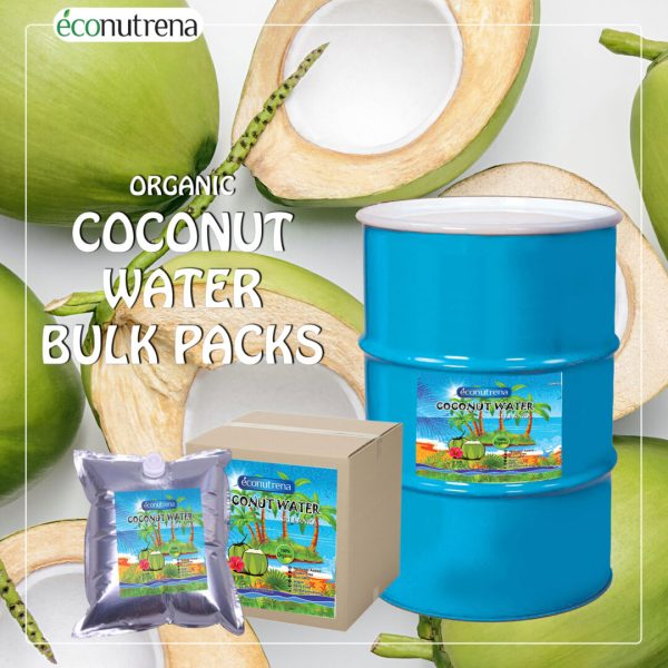 Aseptic coconut water in a glass bottle with the Econutrena logo, showcasing purity and freshness.